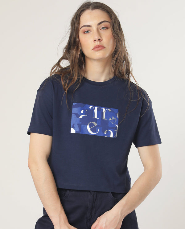 Rareism Women Iolet Blue Cotton Fabric Short Sleeves Crew Neck Regular Fit Graphic Print T-Shirt