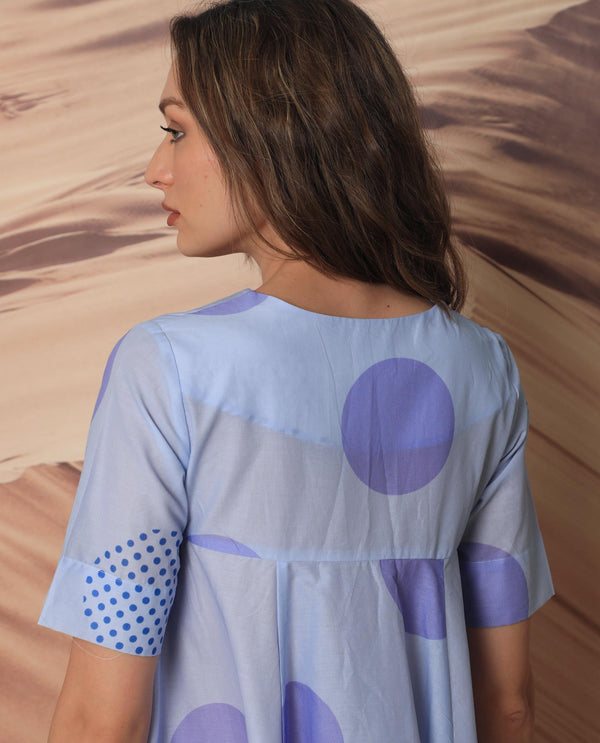 Rareism Women Coco Blue Cotton Fabric Short Sleeves Over Lap Flared Fit Abstract Print Knee Length Empire Dress