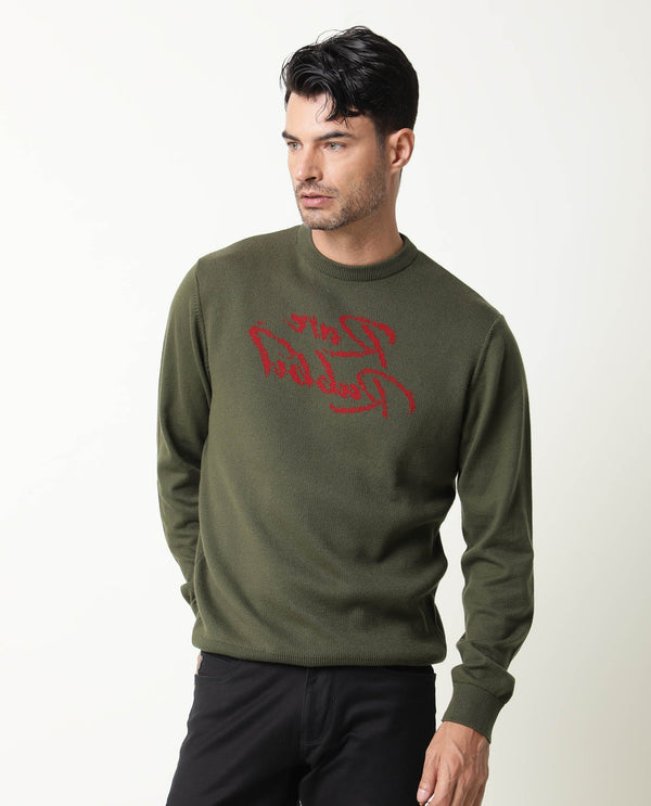 RARE RABBIT MEN'S TEEDO OLIVE PULLOVER COTTON FABRIC ROUND NECK FULL SLEEVES SLIM FIT