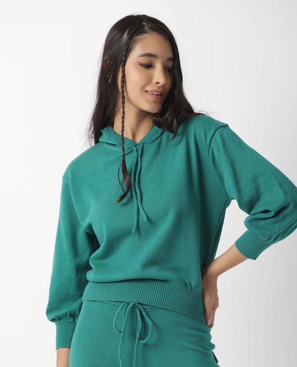 Rareism Women Finn Sweat Green Cotton Fabric Full Sleeves Relaxed Fit Solid Hooded Sweater