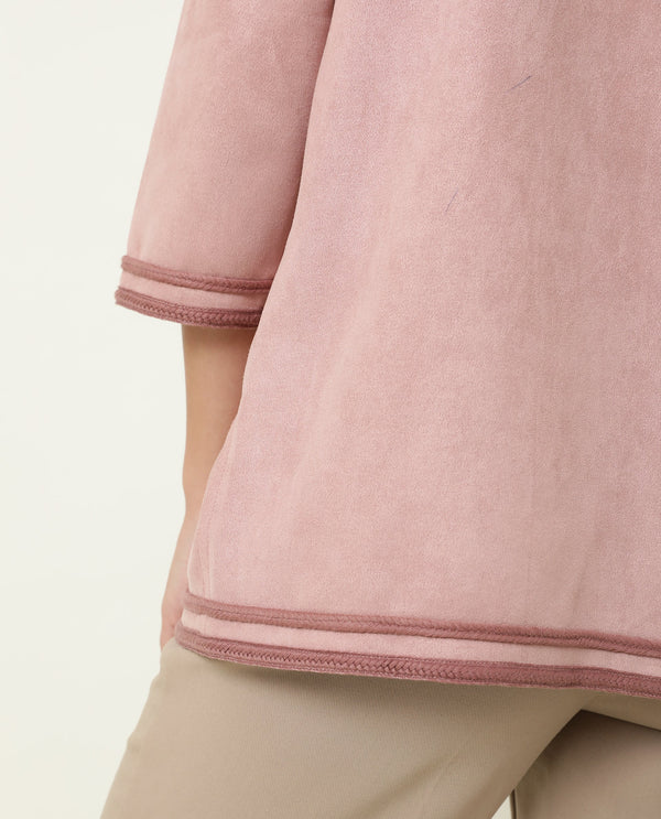 Rareism Women Square Dark Pink Polyester Fabric 3/4Th Sleeves Solid Boat Neck Jacket
