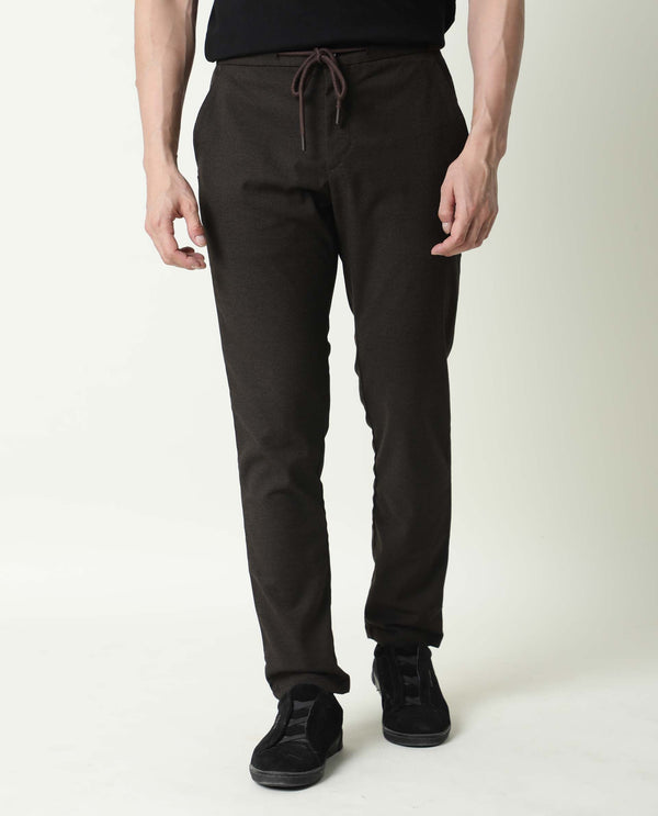 Rare Rabbit Men's Brando Brown Solid Mid-Rise With Drawstring And Elastic Waistband Regular Fit Trouser