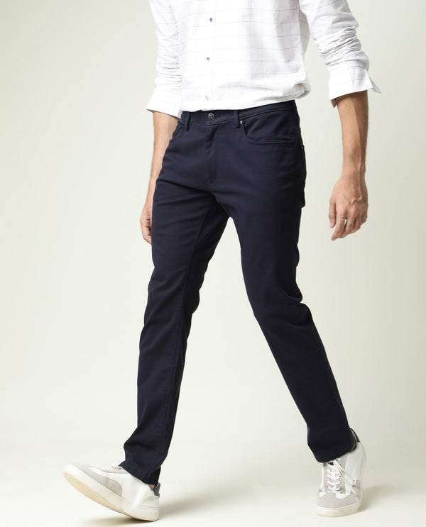 Rare Rabbit Men's Spoke-22 Navy Solid Mid-Rise Regular Fit Stretch Trouser