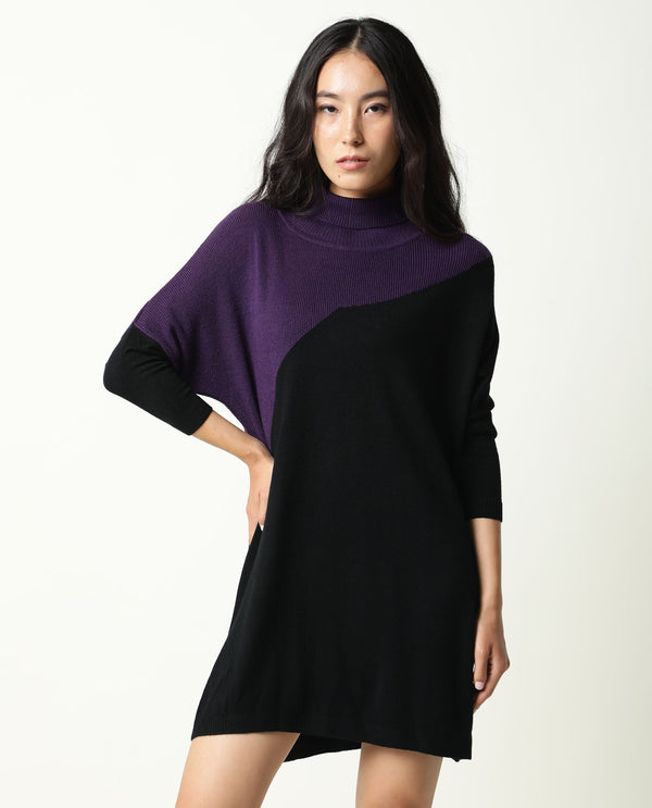 Rareism Women Spaton Purple Acrylic Fabric Full Sleeves Knee Length Regular Fit Color Blocked High Neck Sweater