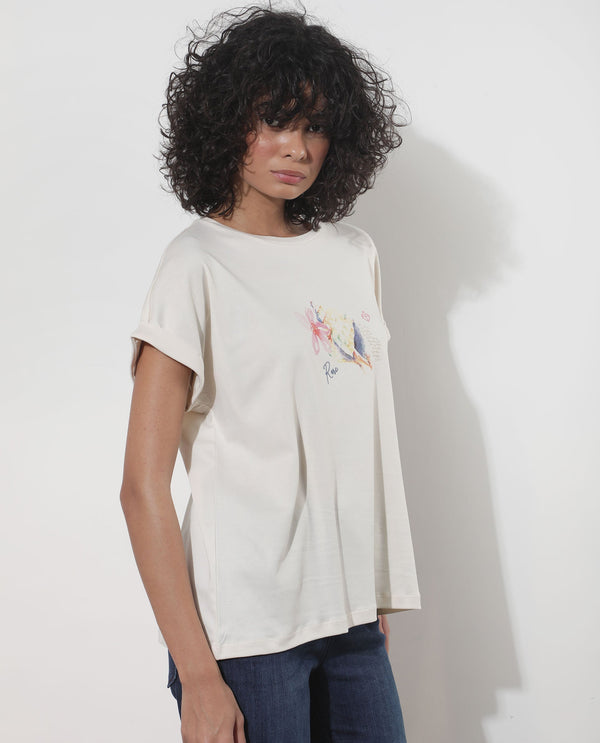 Rareism Women Cersha Beige Cotton Fabric Short Sleeves Crew Neck Extended Sleeve Boxy Fit Graphic Print T-Shirt