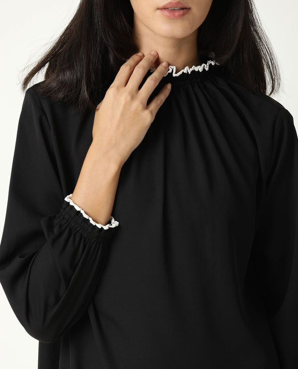 Rareism Women Spoke Black Ruffled Round Neck With Full Sleeves Back Button Closure Mini Dress
