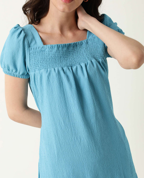 Rareism Women Empress Blue Smoked Square Neck Puff Sleeves With Fabric Waist Belt And Pockets High Low Dress