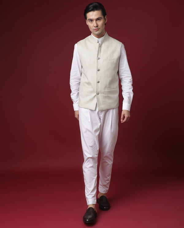 Rare Rabbit Men's Corti Beige Polyester Viscose Fabric Mandarin Collar Sleeveless Slim Fit Jacquard Bandi