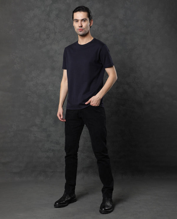 Rare Rabbit Men's Gis Navy Cotton Fabric Crew Neck Half Sleeves Regular Fit Solid T-Shirt