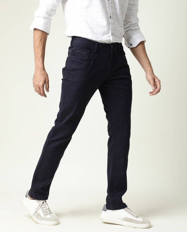 Rare Rabbit Men's Spoke-22 Navy Solid Mid-Rise Regular Fit Stretch Trouser