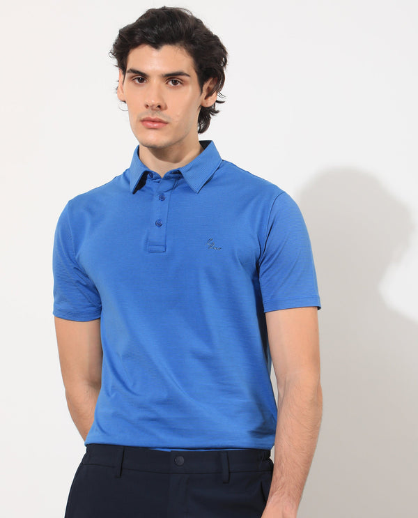 Rare Rabbit Men's Tunas Light Blue Cotton Polyester Fabric Collared Neck Half Sleeves Striped Polo T-Shirt