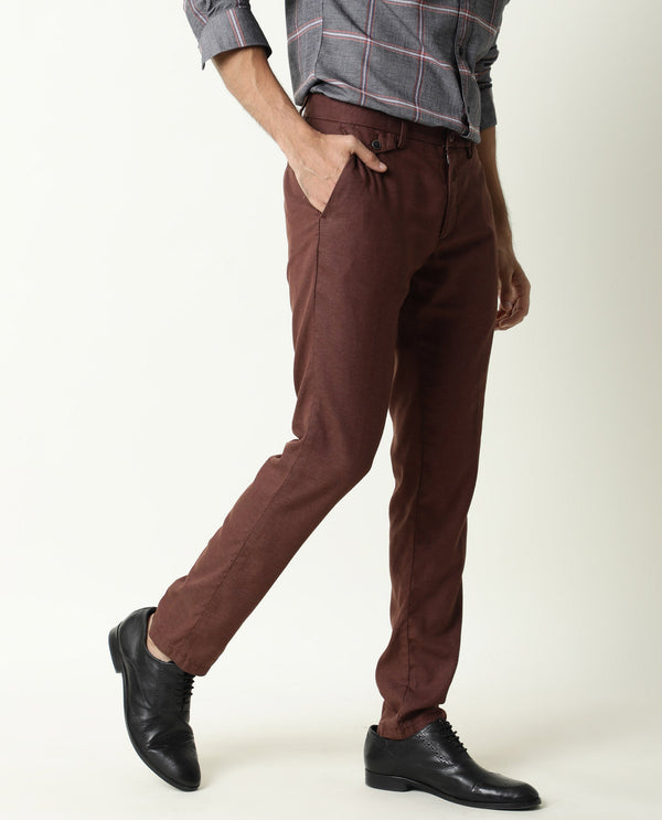Rare Rabbit Men'S Cameo Maroon Solid Mid-Rise Regular Fit Trouser