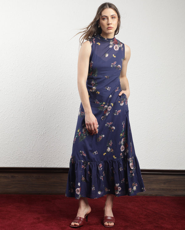 Rareism Women Jemma Navy Cotton Fabric Zip Closure High Neck Sleeveless Regular Fit Floral Print Maxi Dress