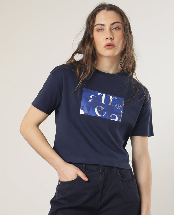 Rareism Women Iolet Blue Cotton Fabric Short Sleeves Crew Neck Regular Fit Graphic Print T-Shirt