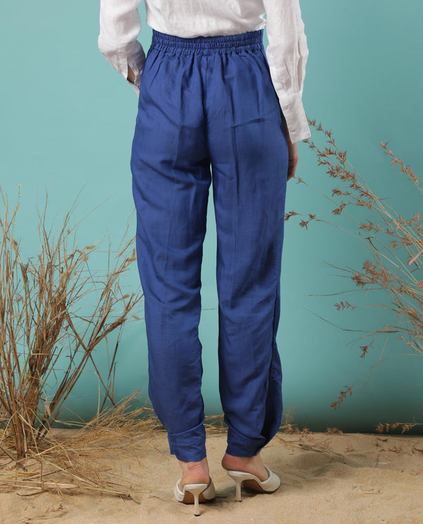 Rareism Women Erin Flouroscent Blue Modal Linen Fabric Tailored Fit Mid Rise Solid Ankle Length Trousers