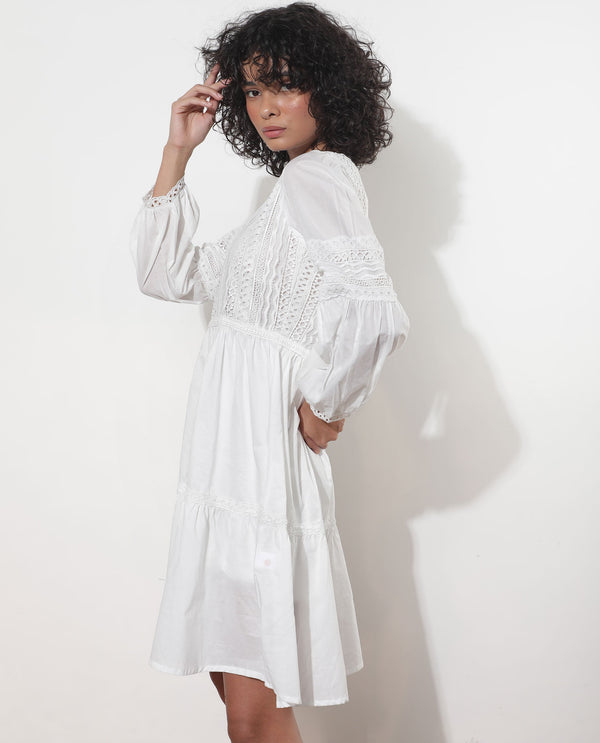 Rareism Women Darmini White Cotton Fabric Full Sleeves Round Neck Puff Sleeve Relaxed Fit Plain Knee Length Empire Dress