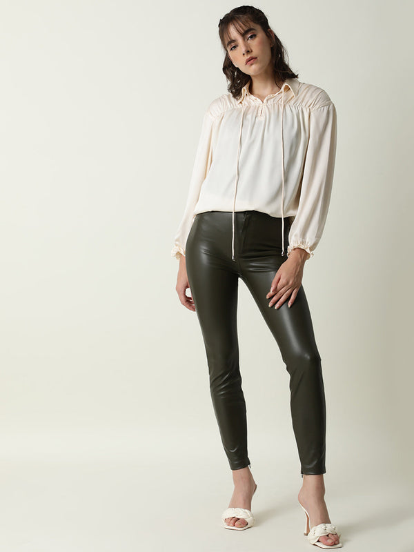 Rareism Women Paxo Off White Poly Cotton Fabric Regular Fit Tie-Up Neck Full Sleeves Solid Top