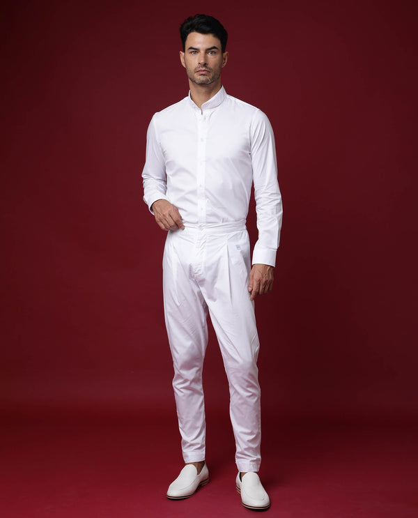 Rare Rabbit Men's Cox White Cotton Polyester Fabric High Neck Manadrin Collar Full Sleeves Solid Shirt