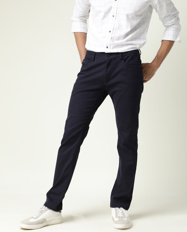 Rare Rabbit Men's Spoke-22 Navy Solid Mid-Rise Regular Fit Stretch Trouser
