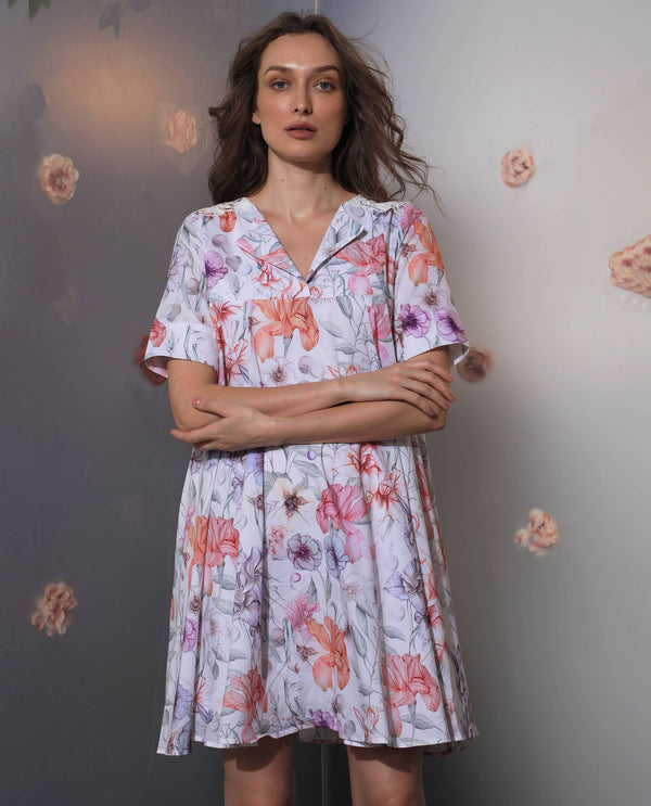Rareism Women's Paola Multi Cotton Fabric Lapel Neck Slip-On Closure Half Sleeve Floral Print Flared Knee Length Dress