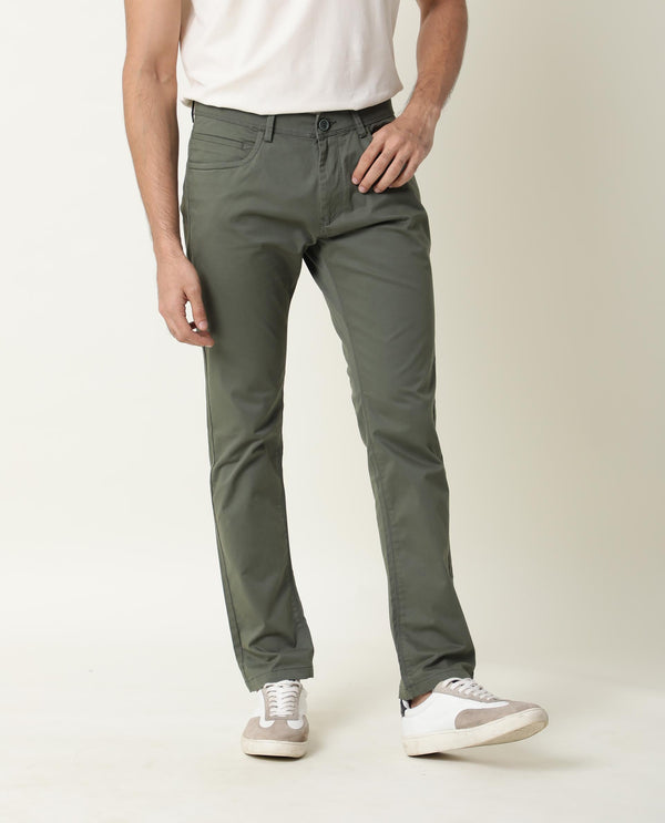 Rare Rabbit Men's Mark Green Solid Mid-Rise Regular Fit Stretch Trouser