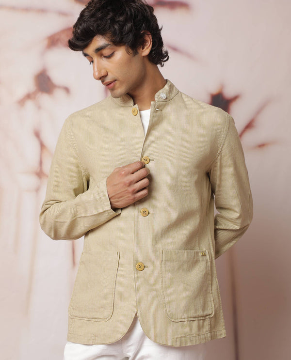 Rare Rabbit Men's Trex Mustard Linen Blend Mandarin Collar Striped Jacket