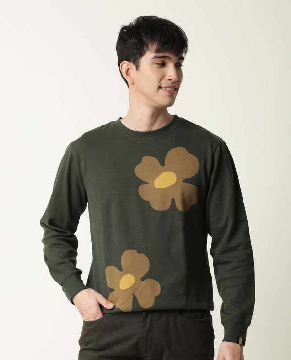 Rare Rabbit Men's Fauna Olive Cotton Fabric Full Sleeves Floral Print Knitted Sweatshirt
