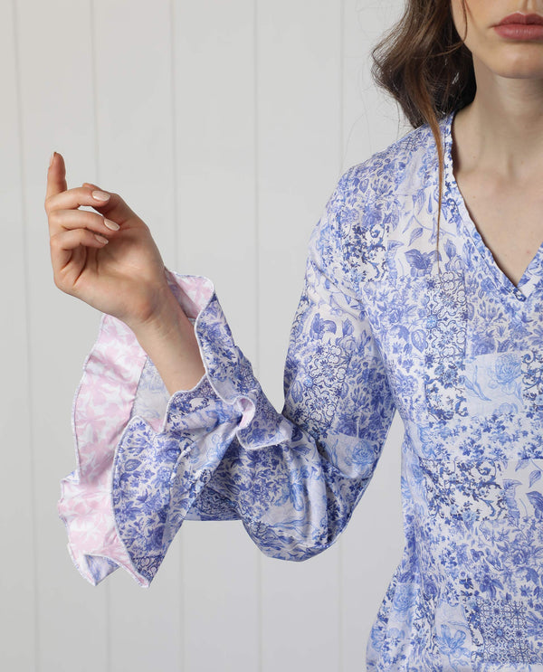 Rareism Women Cherish Blue Cotton Fabric 3/4Th Sleeves V-Neck Regular Fit Floral Print Knee Length Asymmetric Dress