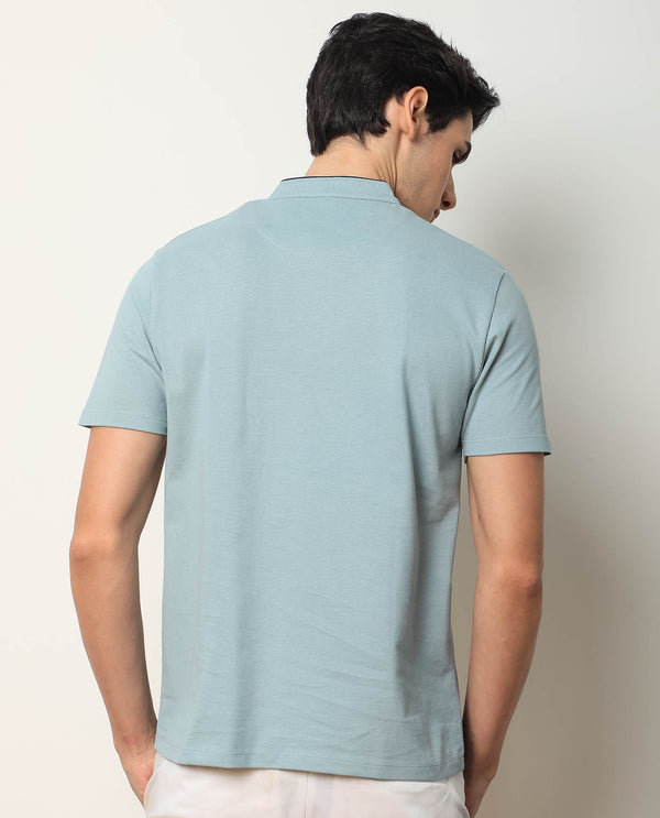 Rare Rabbit Men's Barrie Dark Grey Cotton Fabric Mandarin Collar Half Sleeves Polo T-Shirt