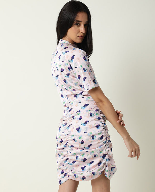 Rareism Women Flirty Light Pink Abstract High Neck Short Sleeve Runches At Side And Back With Back Zip Closure Mini Dress