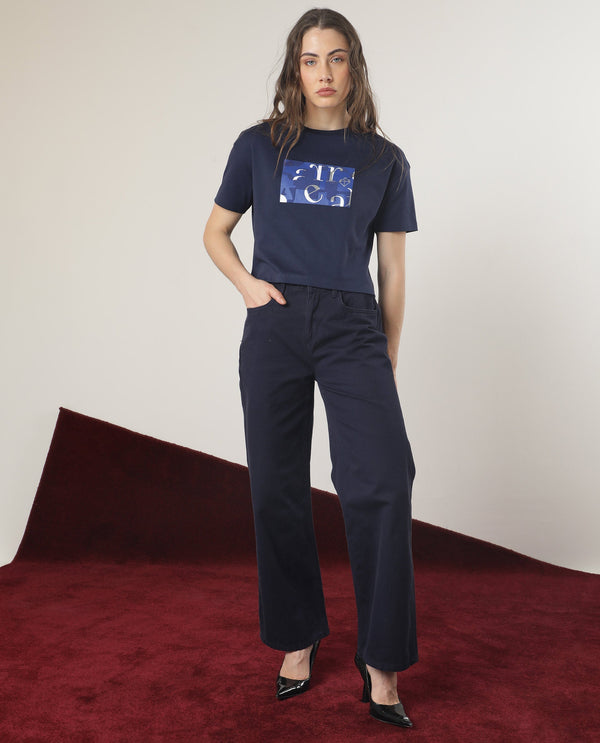 Rareism Women Iolet Blue Cotton Fabric Short Sleeves Crew Neck Regular Fit Graphic Print T-Shirt