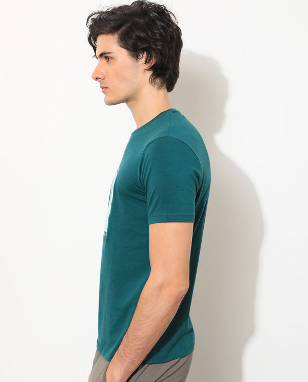 Rare Rabbit Men's Princeton Green Crew Neck Graphic Logo Printed Half Sleeves Slim Fit T-Shirt