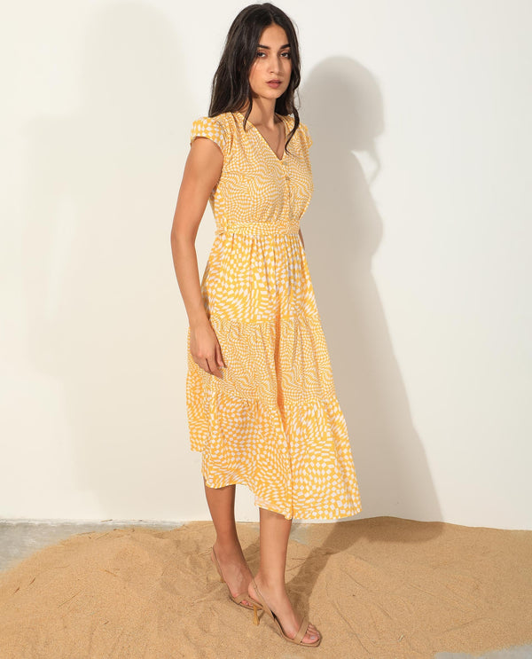 Rareism Women's Whitney Yellow Cotton Fabric V-Neck Button Closure Cape Sleeve Geometric Print  Knee Length Dress