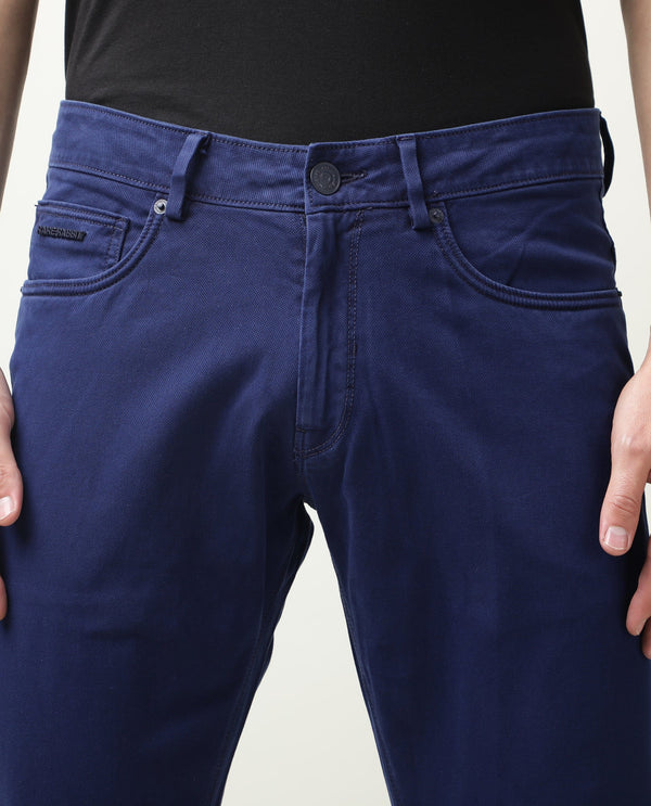Rare Rabbit Men's Fiv5 Blue Solid Mid-Rise Slim Fit Trouser