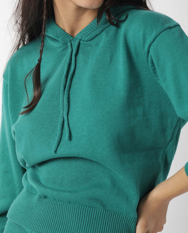 Rareism Women Finn Sweat Green Cotton Fabric Full Sleeves Relaxed Fit Solid Hooded Sweater