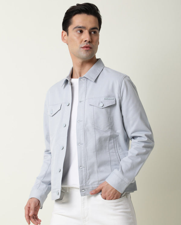 Rare Rabbit Men'S Vintage Blue Jacket Cotton Fabric Collared Neck Full Sleeves Button Closure Slim Fit