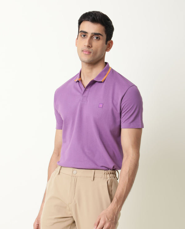 Rare Rabbit Men's Taper Purple Cotton Fabric Collared Neck Half Sleeves Textured Polo T-Shirt