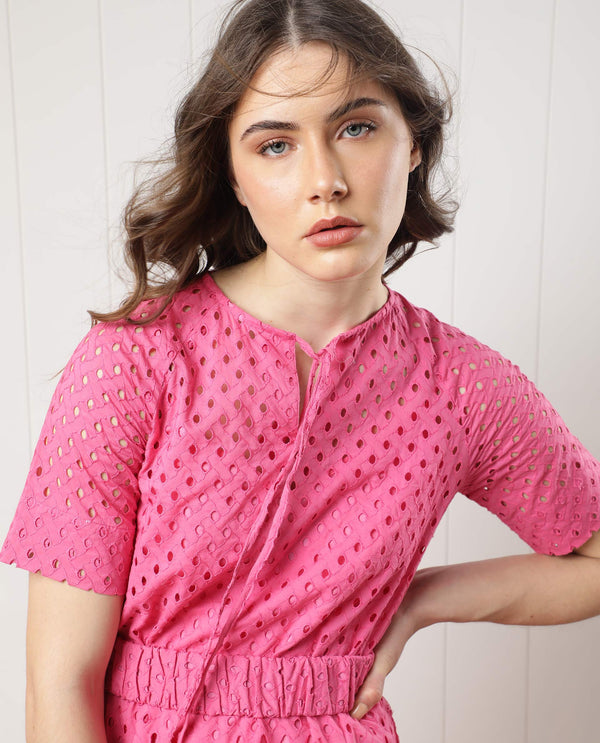 Rareism Women Bex Fluorescent Pink Schiffli Round Tie Up Neck With Short Sleeves And Elastic Belt At Waist Mini Dress