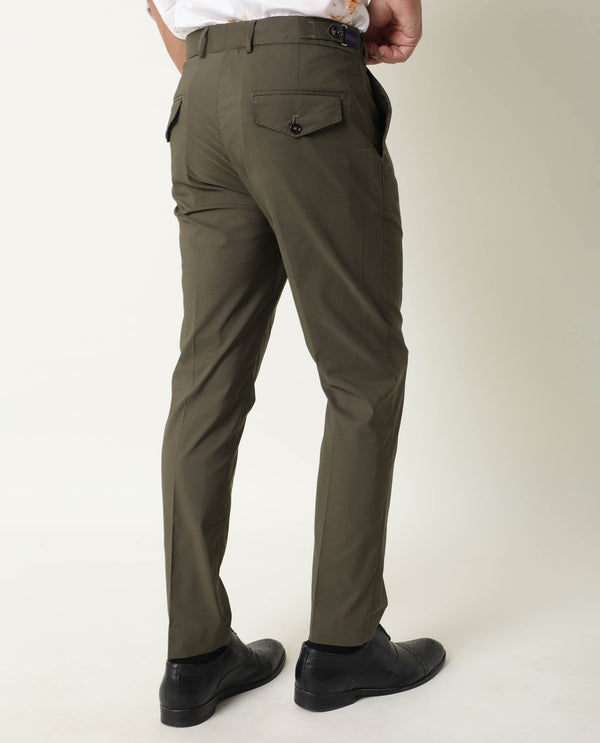 Rare Rabbit Men's Glak Olive Solid Mid-Rise Regular Fit Trouser