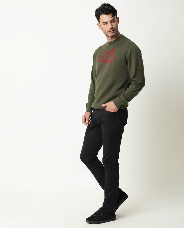 RARE RABBIT MEN'S TEEDO OLIVE PULLOVER COTTON FABRIC ROUND NECK FULL SLEEVES SLIM FIT