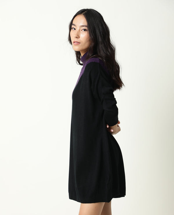 Rareism Women Spaton Purple Acrylic Fabric Full Sleeves Knee Length Regular Fit Color Blocked High Neck Sweater