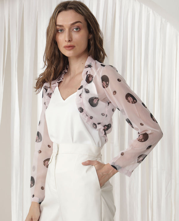 Rareism Women Fern Light Pink Polyester Fabric Full Sleeves Regular Fit Floral Print Shrug