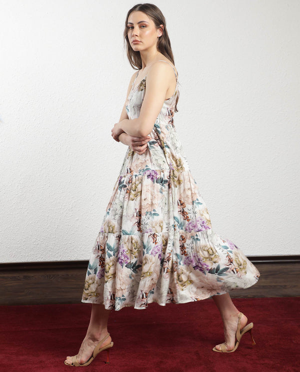 Rareism Women Joanna Multi Cotton Fabric Sleeveless V-Neck Shoulder Straps Regular Fit Floral Print Midi Tiered Dress