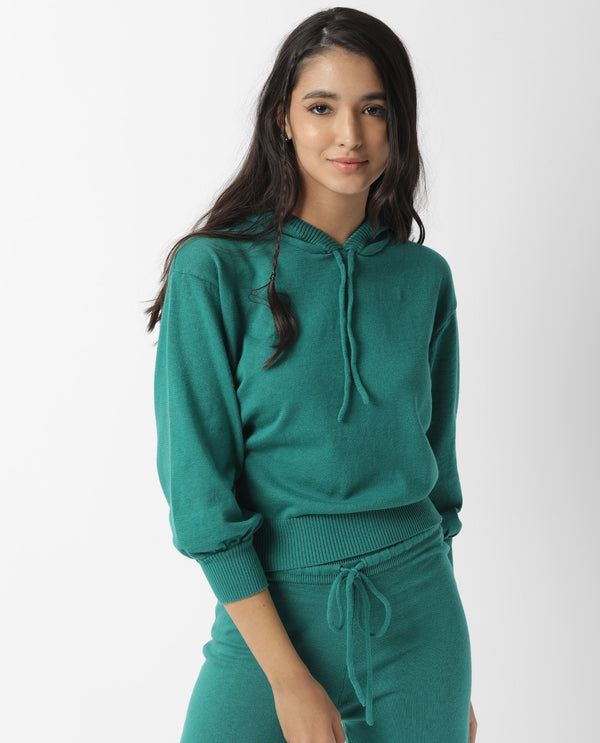 Rareism Women Finn Sweat Green Cotton Fabric Full Sleeves Relaxed Fit Solid Hooded Sweater