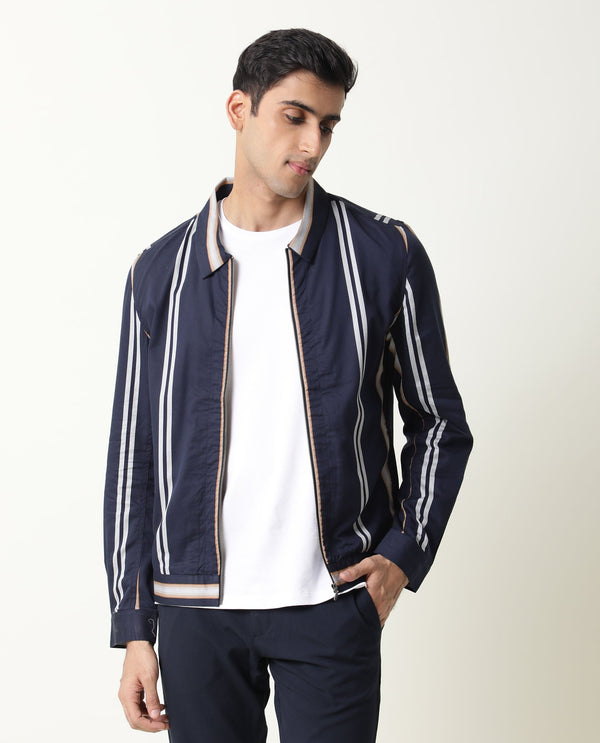 Rare Rabbit Men'S Hono Navy Jacket Cotton Fabric Full Sleeves Slim Fit