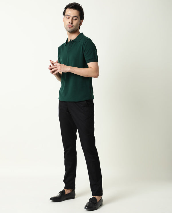 Rare Rabbit Men's Raptors Black Solid Mid-Rise Regular Fit Stretch Trouser