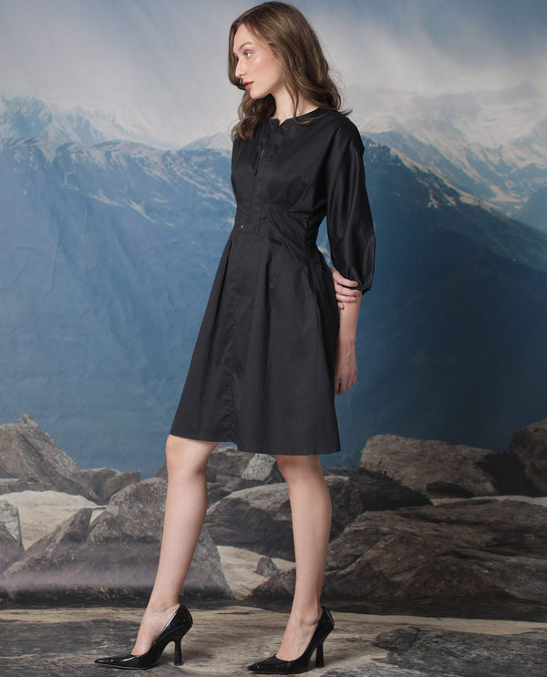 Rareism Women's Mayem Black Cotton Fabric Crew Neck Zipper Closure Volume Sleeve Plain Fit And Flare Knee Length Dress