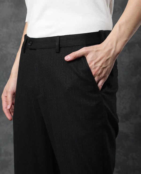 Rare Rabbit Men's Kovex Black Polyester Fabric Mid-Rise Regular Fit Premium Stripe Trousers