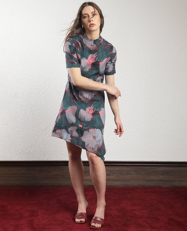 Rareism Women Calantha Multi Viscose Fabric Short Sleeves Zip Closure High Neck Regular Fit Floral Print Knee Length Asymmetric Dress