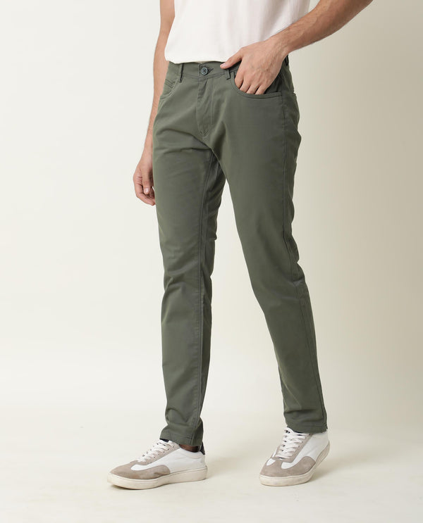 Rare Rabbit Men's Mark Green Solid Mid-Rise Regular Fit Stretch Trouser
